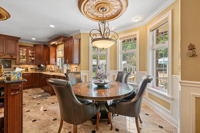 135 Millet St N, Dix Hills, NY 11746 - dining space featuring wainscoting, a decorative wall, crown molding, and recessed lighting