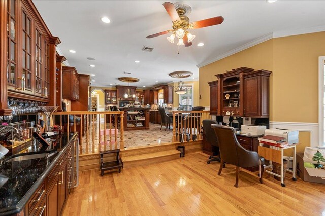 135 Millet St N, Dix Hills, NY 11746 - office area with a ceiling fan, a sink, light wood-style floors, ornamental molding, and recessed lighting