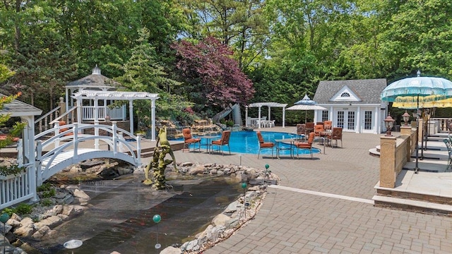 135 Millet St N, Dix Hills, NY 11746 - swimming pool featuring an exterior structure, an outdoor structure, a pergola, and a patio