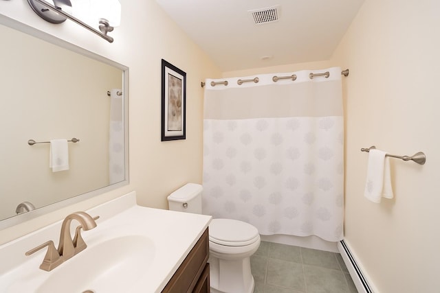 1 Ada Ln, East Setauket, NY 11733 - full bath with vanity, a shower with shower curtain, baseboard heating, and tile patterned floors