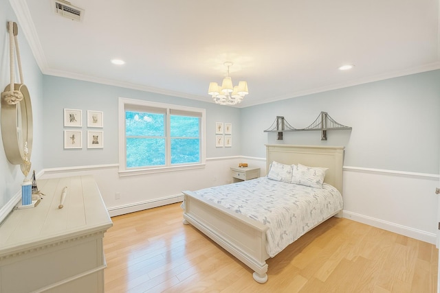 1 Ada Ln, East Setauket, NY 11733 - bedroom featuring a baseboard heating unit, a chandelier, light wood-style floors, crown molding, and recessed lighting