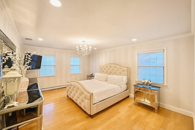 1 Ada Ln, East Setauket, NY 11733 - bedroom with a baseboard radiator, light wood-style floors, a chandelier, ornamental molding, and recessed lighting