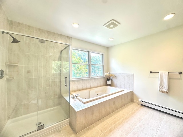 1 Ada Ln, East Setauket, NY 11733 - full bathroom with tile patterned floors, a tub with jets, a shower stall, baseboard heating, and recessed lighting