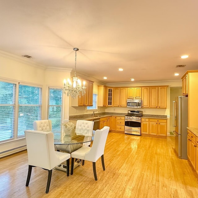 1 Ada Ln, East Setauket, NY 11733 - dining room with ornamental molding, light wood finished floors, a chandelier, and recessed lighting