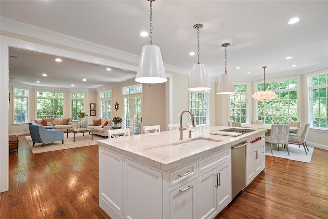 28 Stone Paddock Pl, Bedford, NY 10506 - kitchen featuring ornamental molding, dishwasher, white cabinetry, pendant lighting, and light stone counters