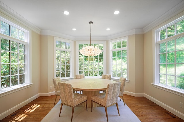28 Stone Paddock Pl, Bedford, NY 10506 - dining room with a chandelier, crown molding, wood finished floors, and recessed lighting