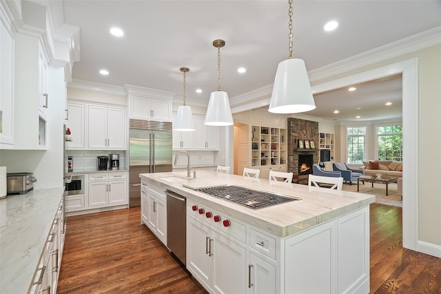 28 Stone Paddock Pl, Bedford, NY 10506 - kitchen featuring appliances with stainless steel finishes, crown molding, a center island with sink, a stone fireplace, and white cabinetry