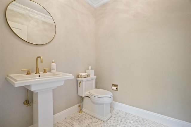 28 Stone Paddock Pl, Bedford, NY 10506 - half bath featuring ornamental molding and tile patterned floors