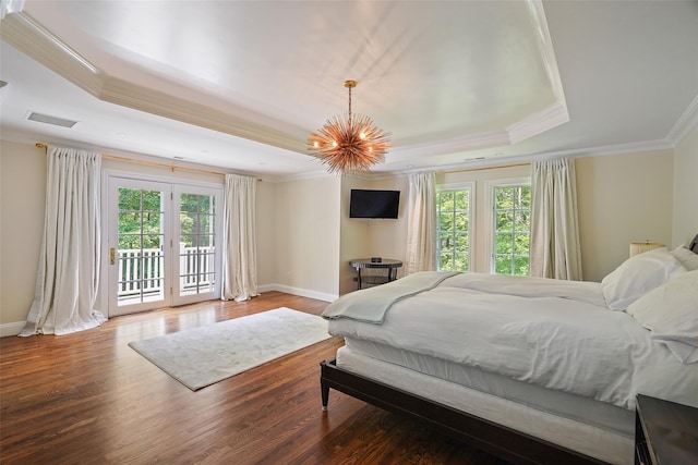 28 Stone Paddock Pl, Bedford, NY 10506 - bedroom with a raised ceiling, crown molding, multiple windows, access to exterior, and a chandelier