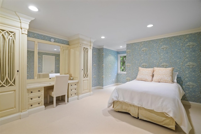 28 Stone Paddock Pl, Bedford, NY 10506 - bedroom with wallpapered walls, ornamental molding, built in study area, carpet floors, and recessed lighting