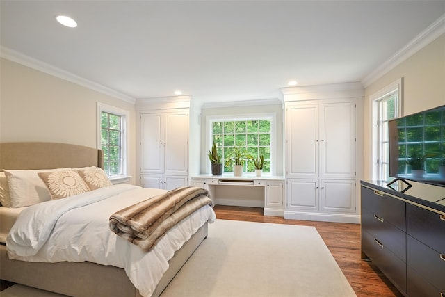 28 Stone Paddock Pl, Bedford, NY 10506 - bedroom featuring dark wood finished floors, ornamental molding, and recessed lighting