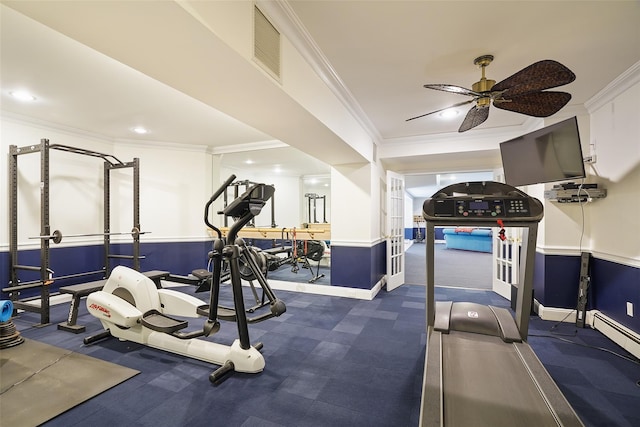 28 Stone Paddock Pl, Bedford, NY 10506 - workout room featuring ornamental molding, ceiling fan, and recessed lighting
