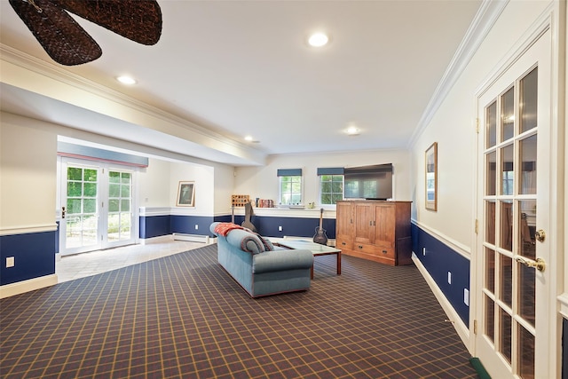 28 Stone Paddock Pl, Bedford, NY 10506 - sitting room featuring crown molding, carpet floors, a baseboard radiator, french doors, and recessed lighting