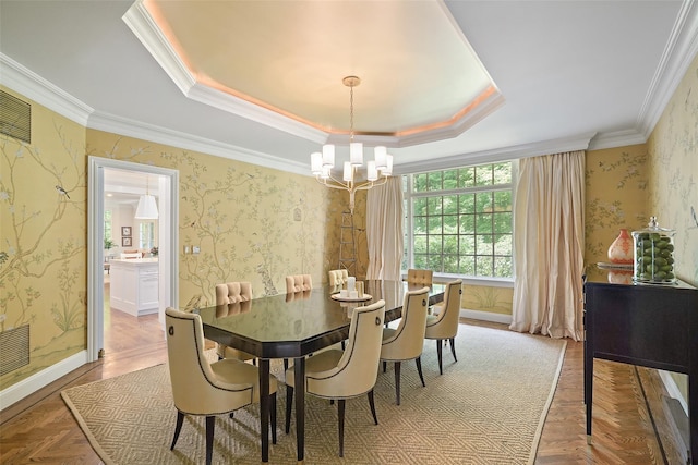 28 Stone Paddock Pl, Bedford, NY 10506 - dining room featuring a chandelier, crown molding, wallpapered walls, and a tray ceiling
