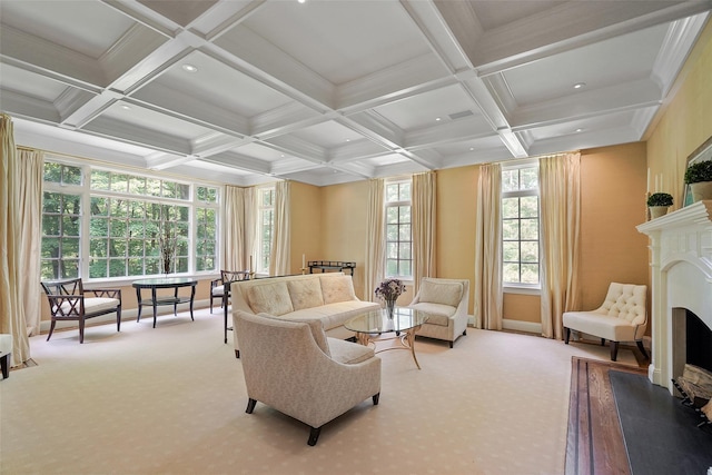 28 Stone Paddock Pl, Bedford, NY 10506 - carpeted living room with beamed ceiling, coffered ceiling, recessed lighting, a fireplace, and ornamental molding