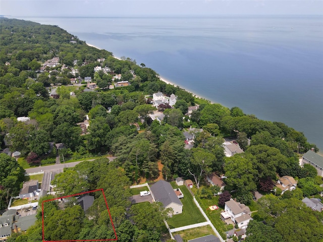 6 Zebra Rd, Rocky Point, NY 11778 - aerial perspective of suburban area with property parcel outlined and a large body of water