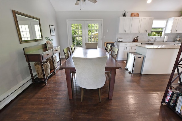 6 Zebra Rd, Rocky Point, NY 11778 - dining space featuring ceiling fan, dark wood-type flooring, and vaulted ceiling