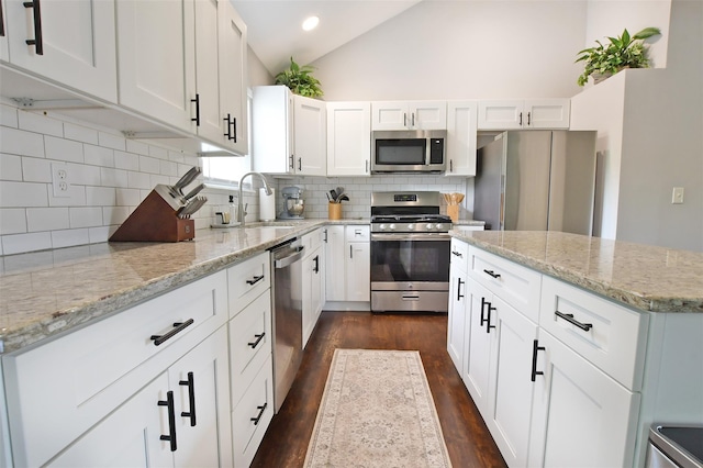 6 Zebra Rd, Rocky Point, NY 11778 - kitchen with stainless steel appliances, dark wood-style floors, light stone counters, backsplash, and lofted ceiling