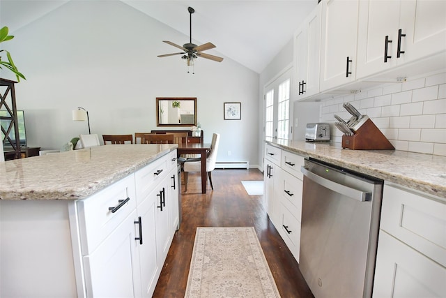 6 Zebra Rd, Rocky Point, NY 11778 - kitchen featuring stainless steel dishwasher, tasteful backsplash, dark wood-type flooring, a ceiling fan, and high vaulted ceiling