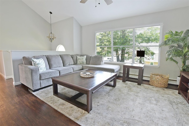 6 Zebra Rd, Rocky Point, NY 11778 - living room with vaulted ceiling, a ceiling fan, wood finished floors, and a baseboard heating unit