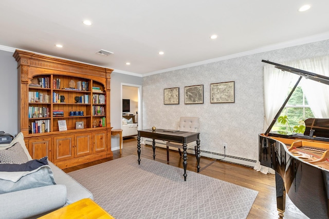 15 Hermitage St, Wading River, NY 11792 - office space with crown molding, wood finished floors, recessed lighting, wallpapered walls, and a baseboard radiator