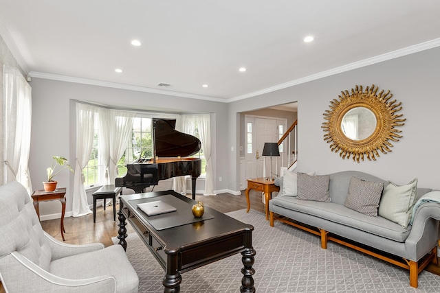 15 Hermitage St, Wading River, NY 11792 - living area with recessed lighting, ornamental molding, stairway, and wood finished floors