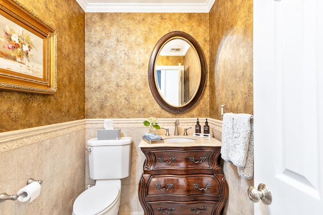 15 Hermitage St, Wading River, NY 11792 - bathroom featuring vanity, ornamental molding, a wainscoted wall, and wallpapered walls