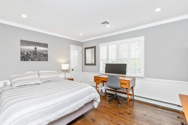 15 Hermitage St, Wading River, NY 11792 - bedroom with ornamental molding, wood finished floors, a baseboard heating unit, and recessed lighting