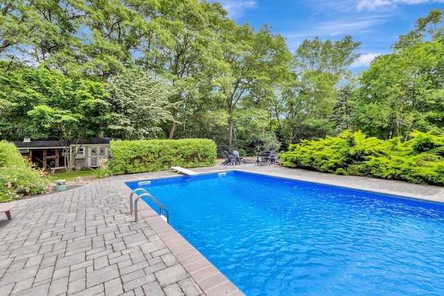 15 Hermitage St, Wading River, NY 11792 - outdoor pool with an outbuilding, a patio, and view of scattered trees