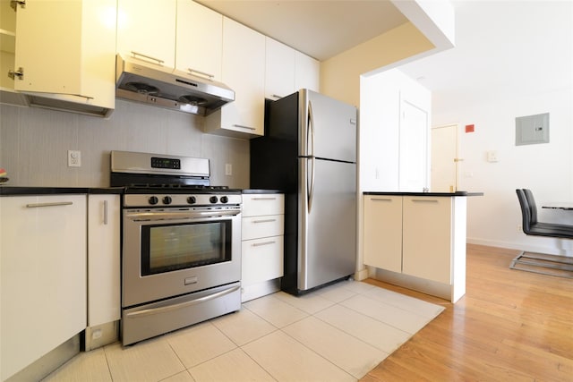 132-35 41st Rd Unit 5D, Flushing, NY 11355 - kitchen featuring appliances with stainless steel finishes, under cabinet range hood, dark countertops, and light wood-type flooring