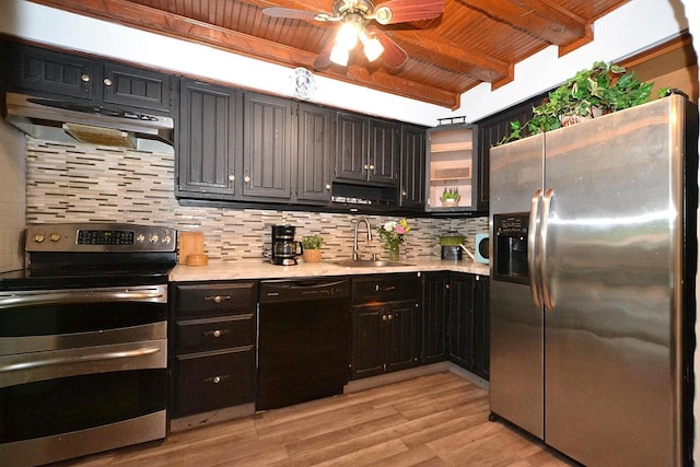 70 Islip Ave, Islip, NY 11751 - kitchen featuring stainless steel appliances, a wood ceiling with exposed beams, under cabinet range hood, ceiling fan, and light countertops