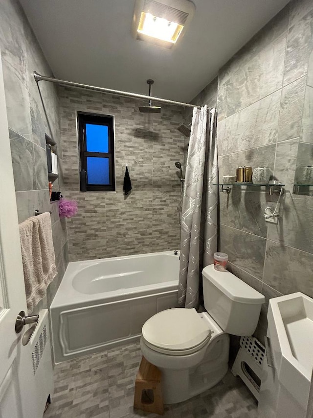 159-02 Cross Island Pkwy Unit 6-22, Whitestone, NY 11357 - bathroom with a combined bath / shower with rainfall shower, toilet, tile walls, and radiator
