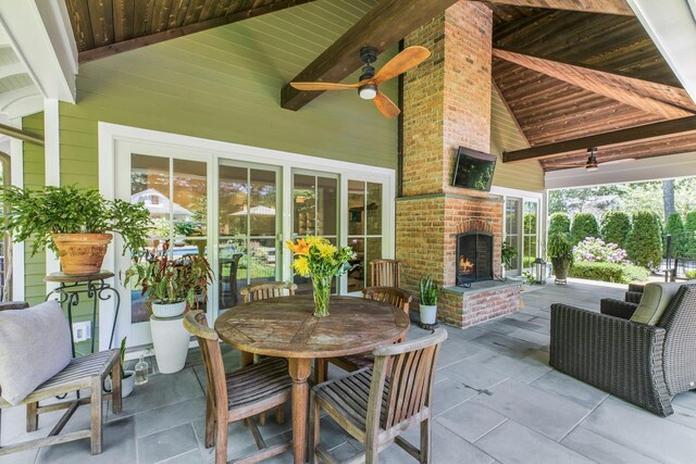 120 Cambon Ave, Saint James, NY 11780 - view of patio with an outdoor brick fireplace and ceiling fan