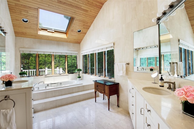 100 Gristmill Ln, Manhasset, NY 11030 - bathroom featuring wooden ceiling, healthy amount of natural light, a skylight, high vaulted ceiling, and vanity