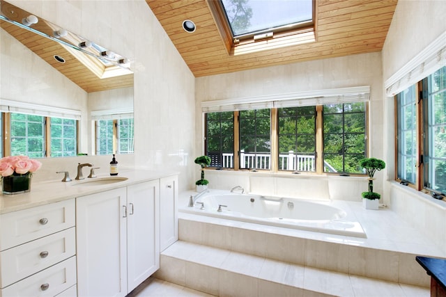 100 Gristmill Ln, Manhasset, NY 11030 - bathroom with a skylight, wooden ceiling, vanity, lofted ceiling, and a bath