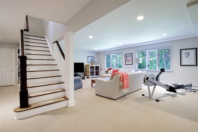 100 Gristmill Ln, Manhasset, NY 11030 - carpeted living room featuring recessed lighting and stairs