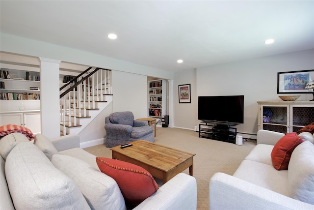 100 Gristmill Ln, Manhasset, NY 11030 - carpeted living room with stairway, recessed lighting, and a baseboard radiator