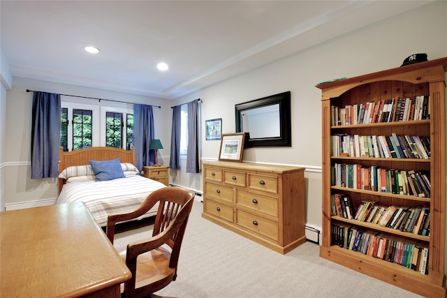 100 Gristmill Ln, Manhasset, NY 11030 - bedroom with a baseboard heating unit, light colored carpet, baseboard heating, and recessed lighting