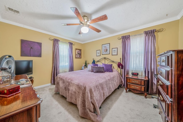 191 Laurel Rd, East Northport, NY 11731 - bedroom featuring light colored carpet, crown molding, a ceiling fan, and baseboards