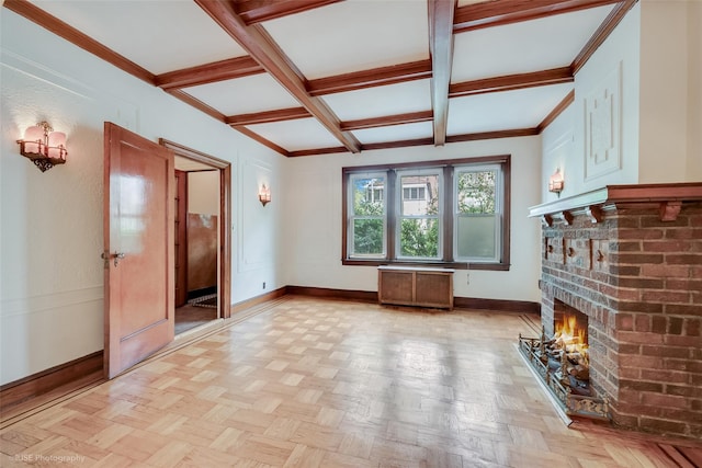 3916 51st St, Woodside, NY 11377 - unfurnished living room with a fireplace, coffered ceiling, and beam ceiling