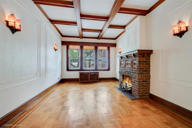 3916 51st St, Woodside, NY 11377 - unfurnished living room featuring a fireplace, coffered ceiling, beamed ceiling, and ornamental molding