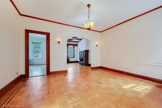 3916 51st St, Woodside, NY 11377 - spare room with arched walkways, healthy amount of natural light, radiator heating unit, a chandelier, and crown molding