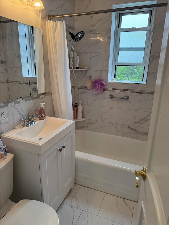 18-50 211th St Unit 6C, Bayside, NY 11360 - bathroom featuring toilet, shower / tub combo, vanity, marble finish floors, and tile walls