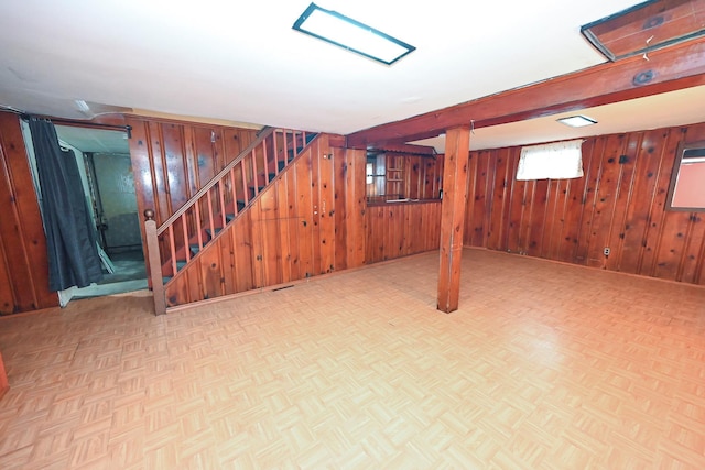 1078 Hancock Ave, Franklin Square, NY 11010 - below grade area with wooden walls and stairs
