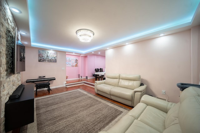 98-40 64th Ave Unit 1B, Rego Park, NY 11374 - living room with a raised ceiling, wood finished floors, and recessed lighting