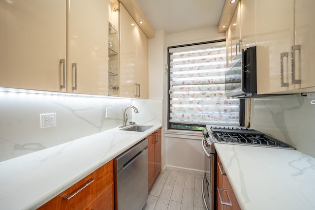 98-40 64th Ave Unit 1B, Rego Park, NY 11374 - kitchen with appliances with stainless steel finishes, brown cabinetry, light stone countertops, recessed lighting, and modern cabinets