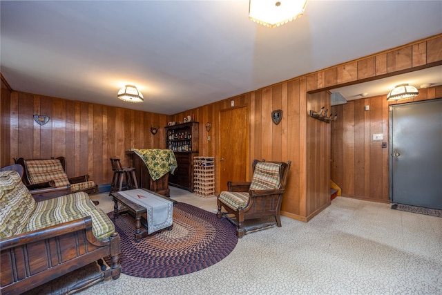 17 Shady Ln, Scarsdale, NY 10583 - living area featuring wood walls, stairs, and light carpet