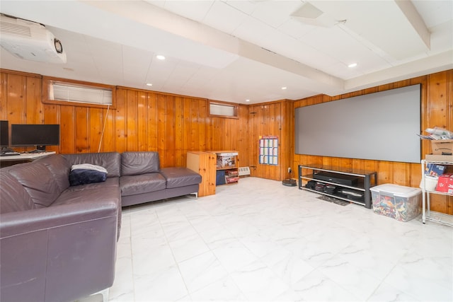 67-15 214th St, Bayside, NY 11364 - living room featuring wooden walls and recessed lighting