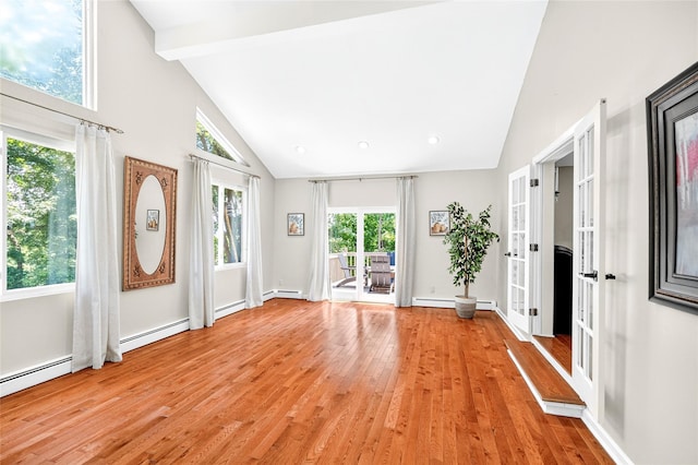 4 S Hill Rd, Tomkins Cove, NY 10986 - unfurnished room with light wood-type flooring, a baseboard radiator, high vaulted ceiling, french doors, and beam ceiling
