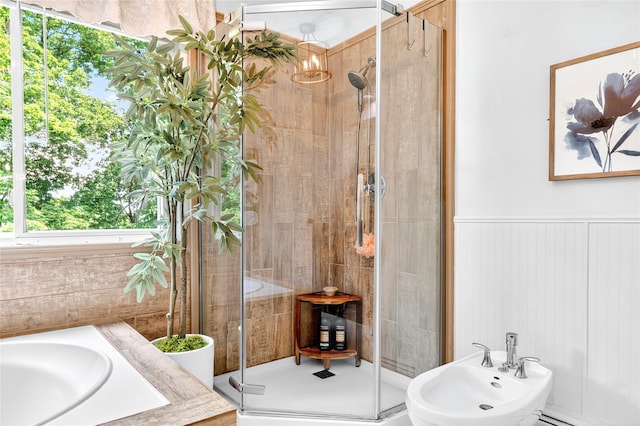 4 S Hill Rd, Tomkins Cove, NY 10986 - bathroom with a stall shower, a bidet, plenty of natural light, and a wainscoted wall